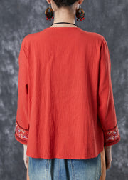 Boho Red Embroidered Lace Up Linen Blouse Top Summer