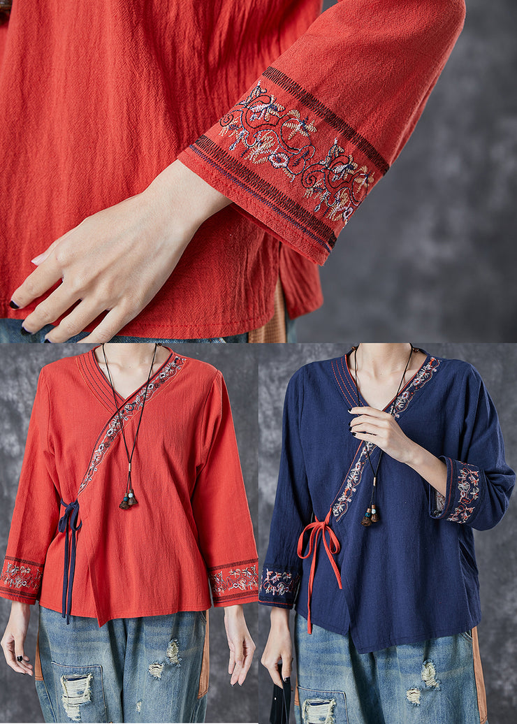 Boho Red Embroidered Lace Up Linen Blouse Top Summer