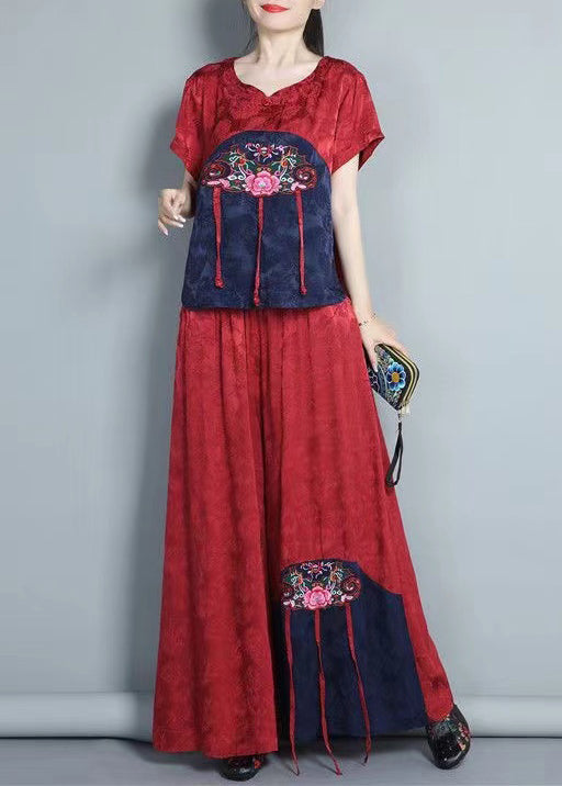 Boho Red Embroidered Tops And Pants Silk Two Piece Set Summer