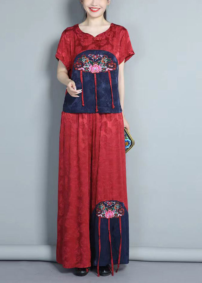 Boho Red Embroidered Tops And Pants Silk Two Piece Set Summer