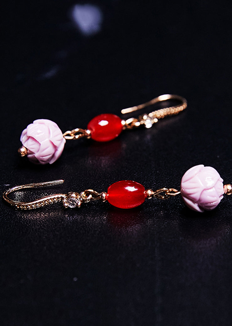 Boho Red Gem Fine Lotus Flower Stone Drop Earrings