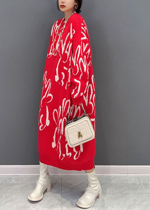 Boho Red O Neck Animal Jacquard Knit Sweater Dress Winter