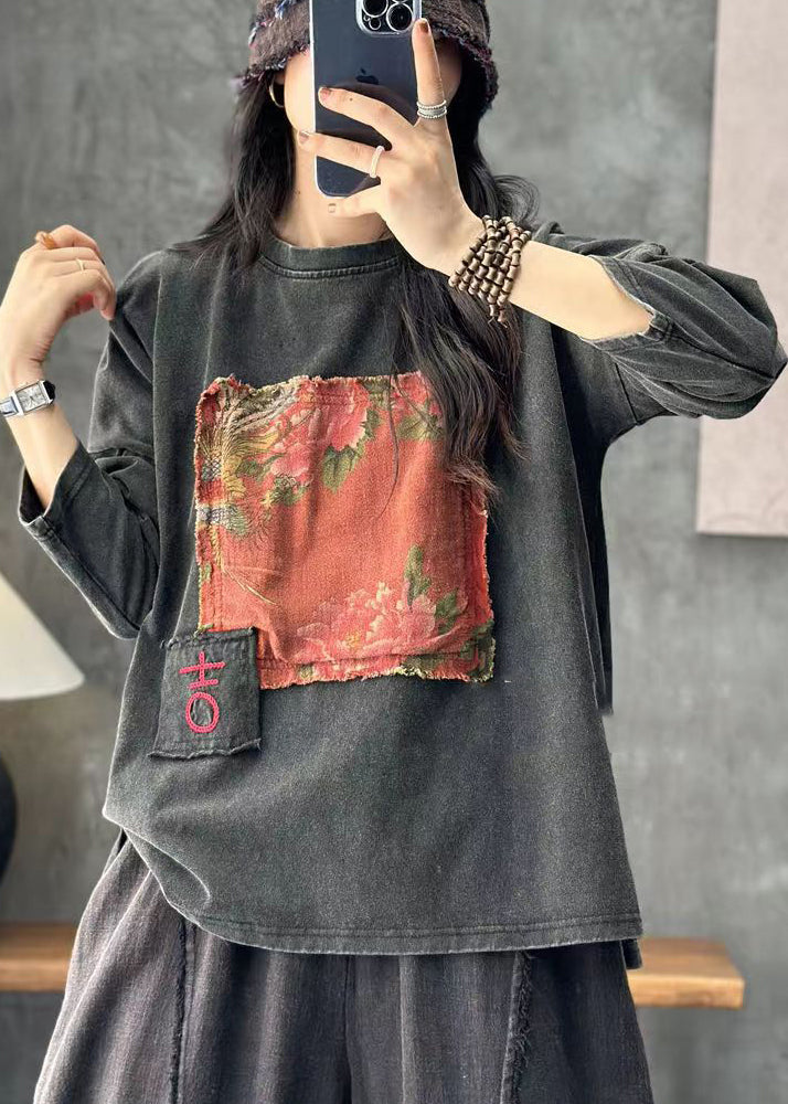 Boho Red O Neck Applique Cotton T Shirt Tops Long Sleeve