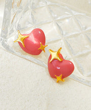 Boho Red Patchwork Copper Heart Stud Earrings