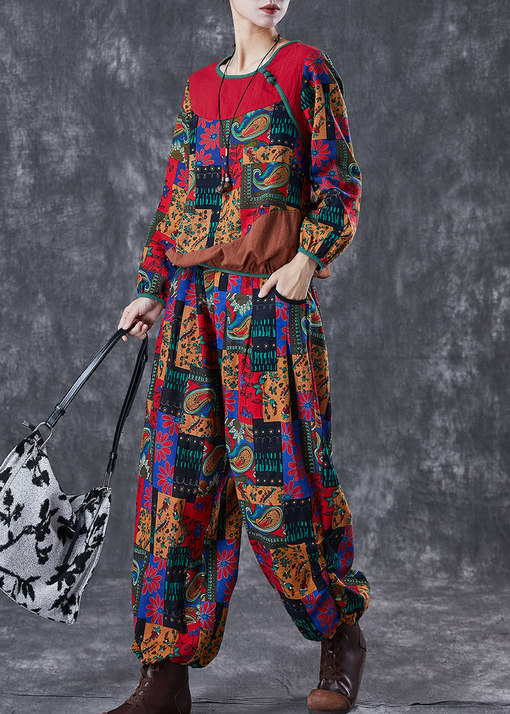 Boho Red Print Patchwork Cotton Women Two-Piece Set Fall