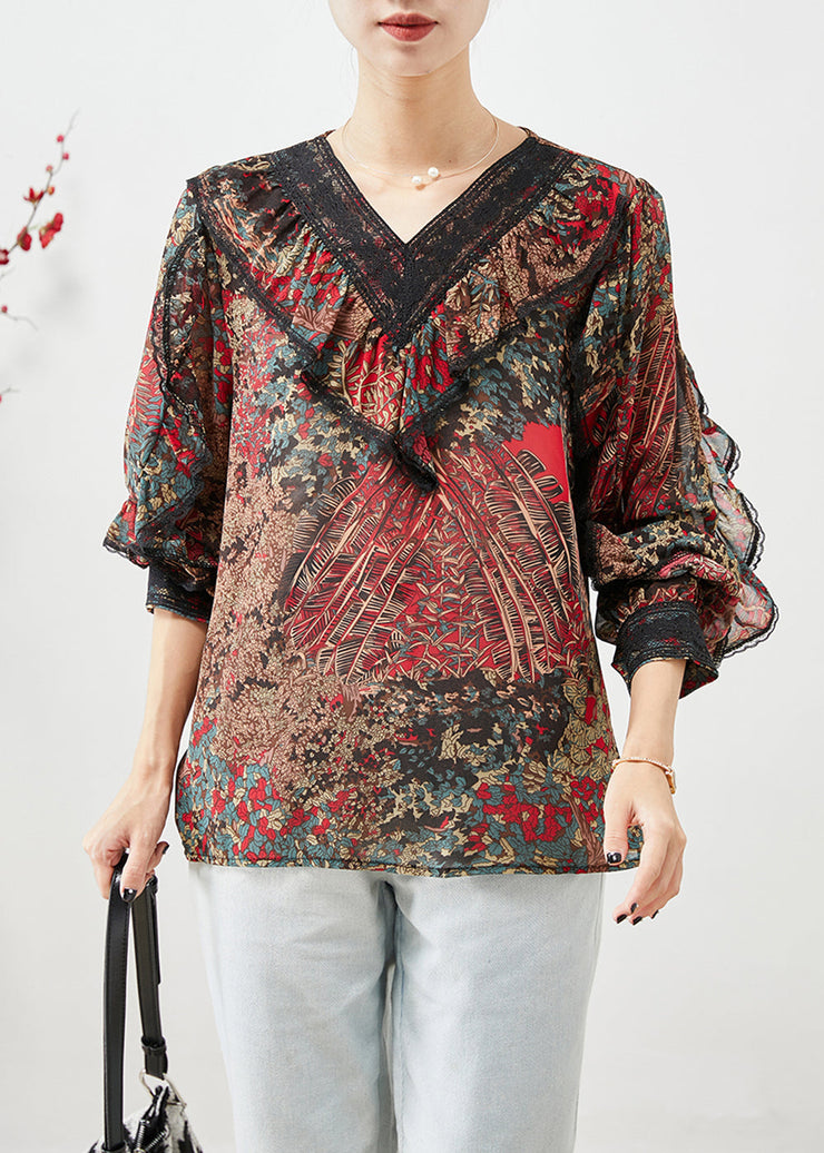 Boho Red Ruffles Patchwork Print Chiffon Shirt Top Fall