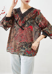 Boho Red Ruffles Patchwork Print Chiffon Shirt Top Fall