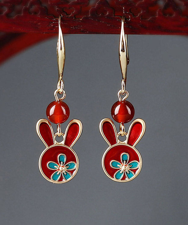 Boho Red Sterling Silver Agate Cloisonne Rabbit Drop Earrings