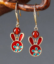 Boho Red Sterling Silver Agate Cloisonne Rabbit Drop Earrings