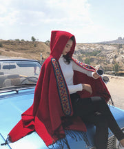 Boho Red Tasseled Hooded Embroideried Cashmere Shawl Cloak