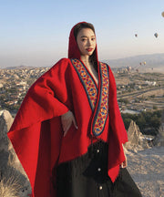 Boho Red Tasseled Hooded Embroideried Cashmere Shawl Cloak