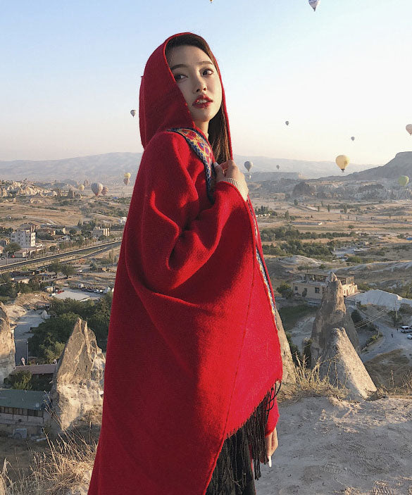 Boho Red Tasseled Hooded Embroideried Cashmere Shawl Cloak