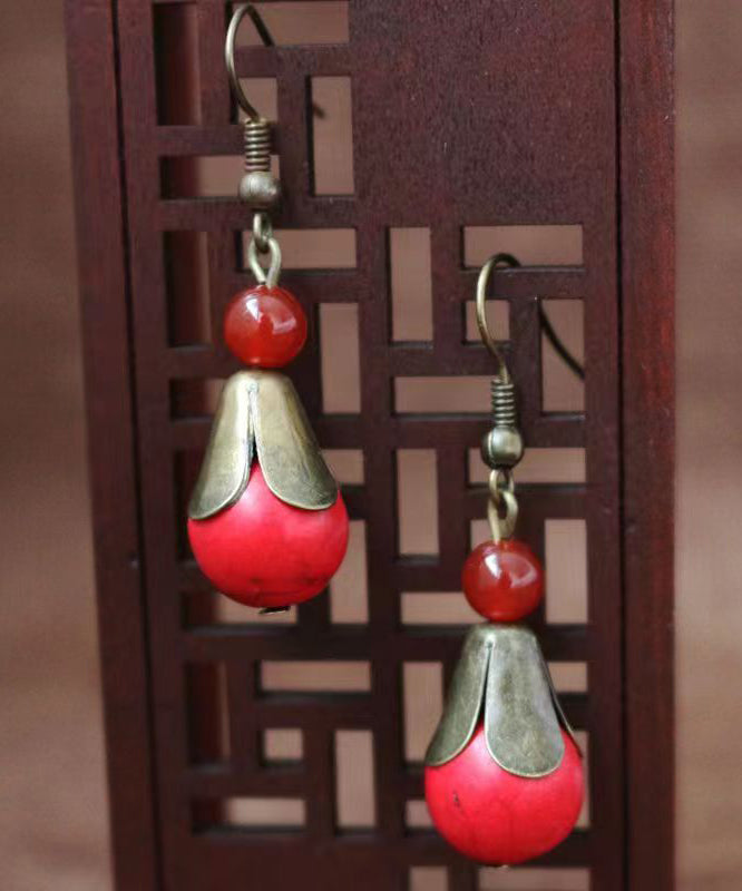 Boho Red Turquoise Patchwork Copper Drop Earrings