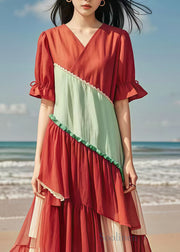 Boho Red V Neck Patchwork Tulle Cotton Long Dress Summer