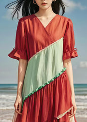 Boho Red V Neck Patchwork Tulle Cotton Long Dress Summer