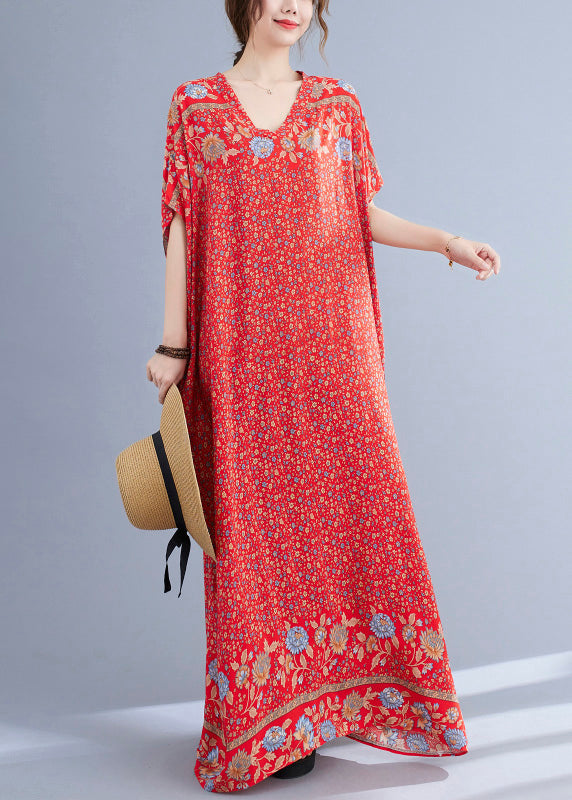 Boho Red V Neck Print Cotton Holiday Long Dress Summer