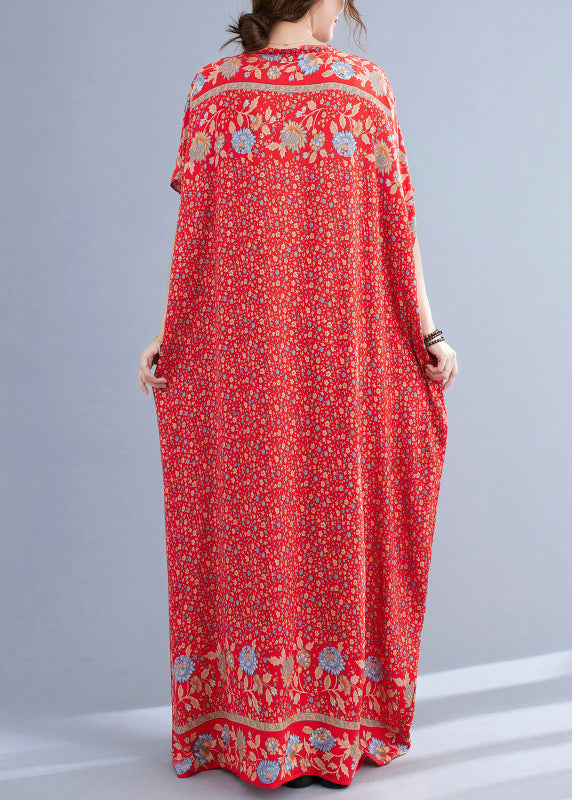 Boho Red V Neck Print Cotton Holiday Long Dress Summer