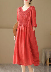 Boho Red V Neck Wrinkled Patchwork Linen Dress Summer