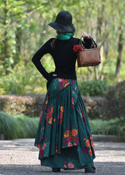 Boho Red Wrinkled Asymmetrical Print Lace Up Cotton Maxi Skirt Spring