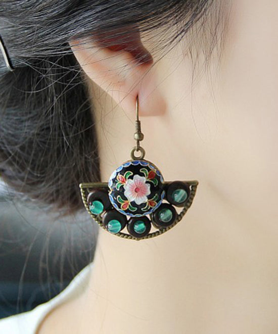 Boho Retro Floral Green Jade Patchwork Drop Earrings