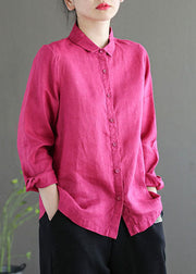 Boho Rose Peter Pan Collar Solid Color Single Breasted Linen Shirt Top Fall