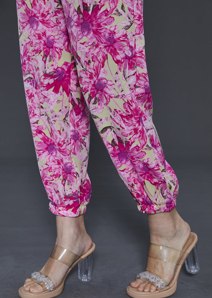 Boho Rose Print Pockets Chiffon Pants Summer