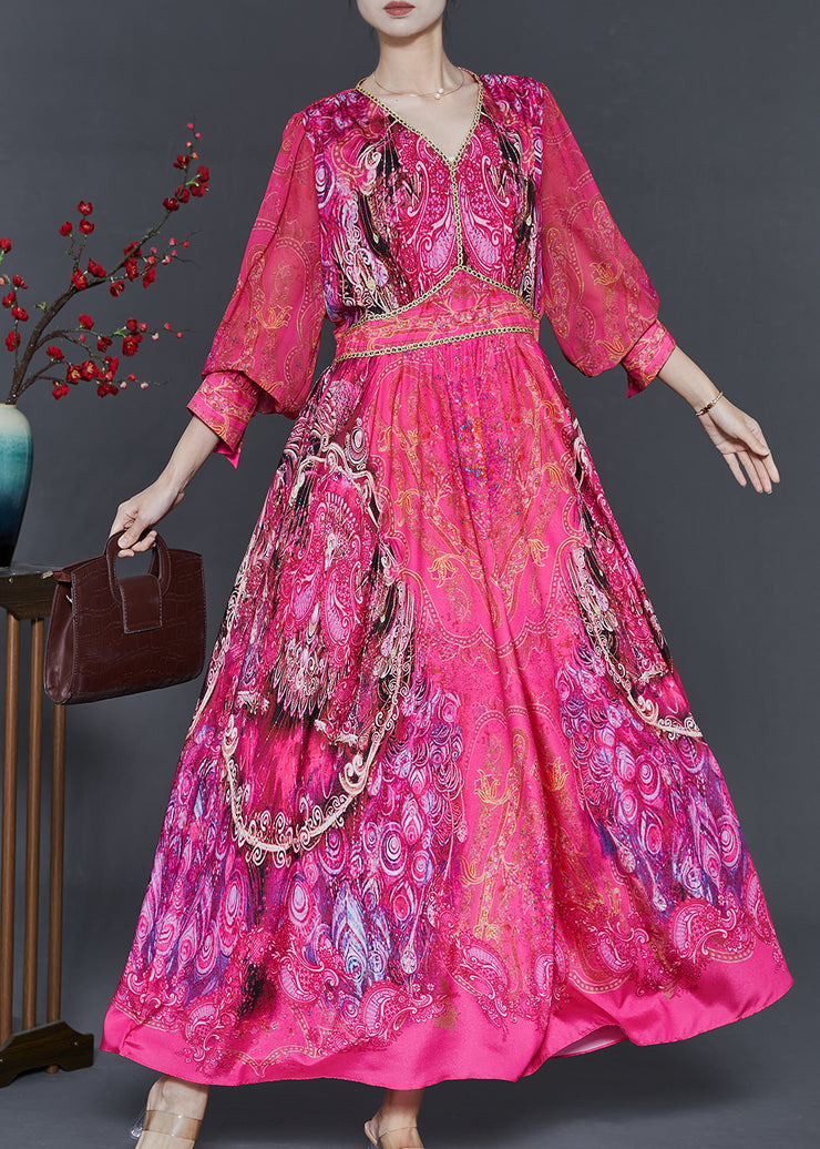 Boho Rose V Neck Print Chiffon Ethnic Style Dress Fall