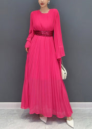 Boho Rose Wrinkled Tie Waist Chiffon Maxi Dresses Flare Sleeve