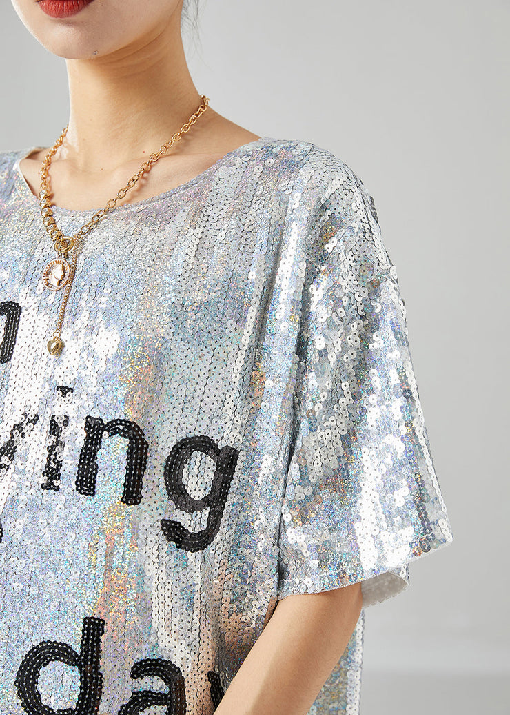 Boho Silver Sequins Oversized Letter Print Tanks Summer