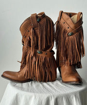 Boho Splicing Chunky Cowgirl Boots Tassel Cowhide Leather