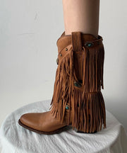 Boho Splicing Chunky Cowgirl Boots Tassel Cowhide Leather