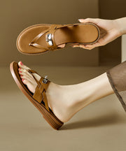 Boho Splicing Flip Flops Slide Sandals Brown Faux Leather