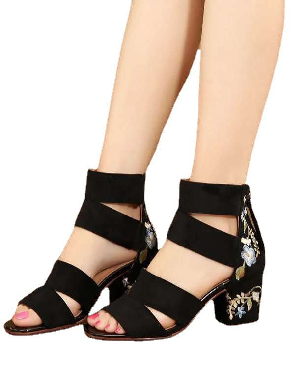 Boho Splicing Peep Toe Chunky Sandals Black Velour Embroidery