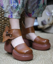 Boho Splicing Platform Sandals Brown Cowhide Leather Buckle Strap