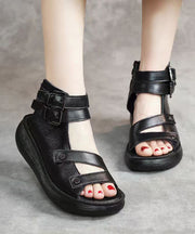 Boho Splicing Wedge Sandals Black Cowhide Leather Peep Toe