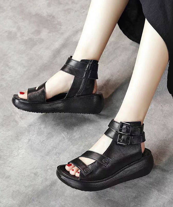 Boho Splicing Wedge Sandals Black Cowhide Leather Peep Toe