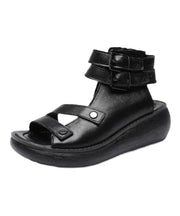 Boho Splicing Wedge Sandals Black Cowhide Leather Peep Toe