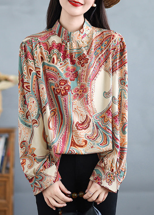 Boho Stand Collar Print Plus Size Cotton Shirt Tops Fall