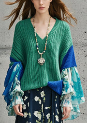 Boho Tea Green V Neck Patchwork Print Sweater Tops Fall