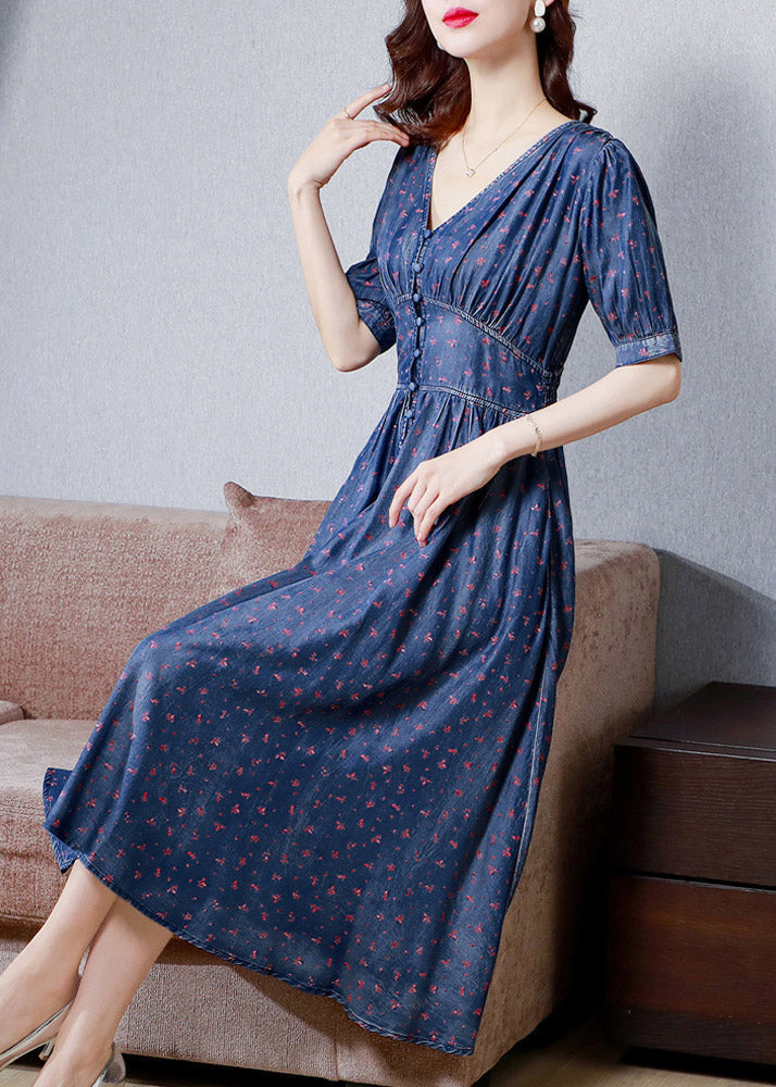 Boho V Neck Print Solid Tunic Silk Denim Long Dress Short Sleeve