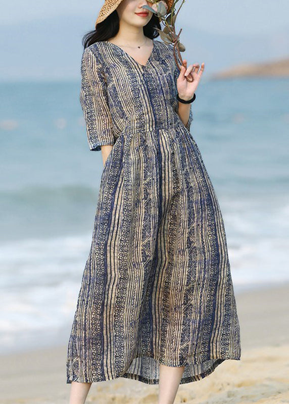 Boho V Neck Striped Print Patchwork Ramie Long Dress Summer