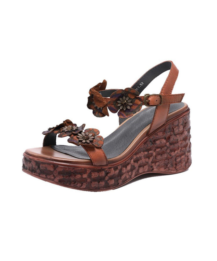 Boho Wedge Sandals Peep Toe Brown Cowhide Leather Floral