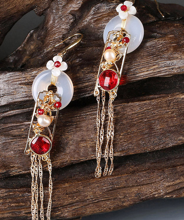 Boho White Copper Jade Agate Pearl Tassel Drop Earrings