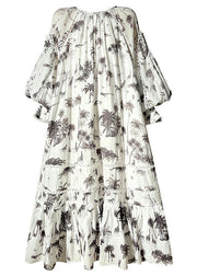 Boho White O-Neck Patchwork Print Exra Large Hem Long Dress Lantern Sleeve