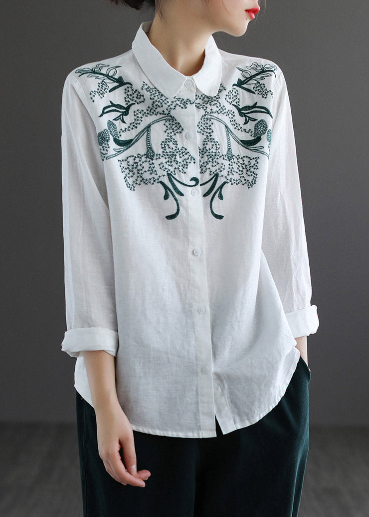 Boho White Peter Pan Collar Embroideried Shirt Long Sleeve