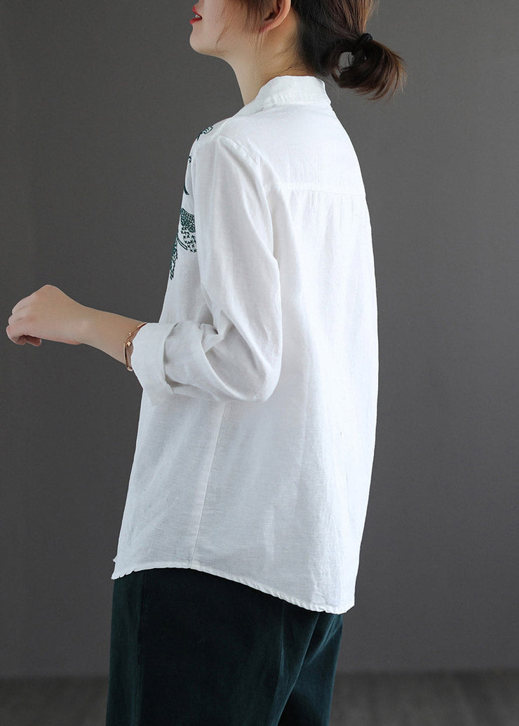 Boho White Peter Pan Collar Embroideried Shirt Long Sleeve