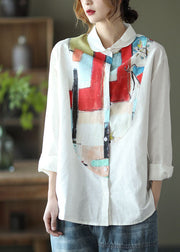 Boho White Peter Pan Collar Print Linen Shirt Top Long Sleeve