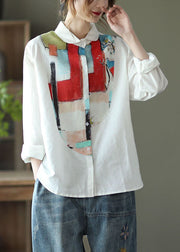 Boho White Peter Pan Collar Print Linen Shirt Top Long Sleeve