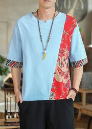 Boho White Print Patchwork Cotton Oversized T Shirt Men Summer