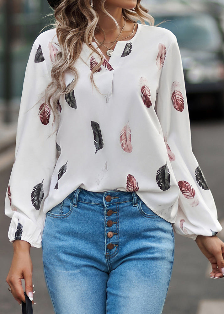 Boho White Print Shirt Top Long Sleeve